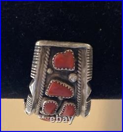 Vintage Signed J. M. Haley Wide Silver and 24 Coral Pieces Cuff Bracelet