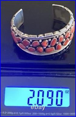 Vintage Signed J. M. Haley Wide Silver and 24 Coral Pieces Cuff Bracelet