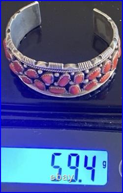 Vintage Signed J. M. Haley Wide Silver and 24 Coral Pieces Cuff Bracelet