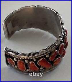 Vintage Signed J. M. Haley Wide Silver and 24 Coral Pieces Cuff Bracelet