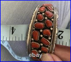 Vintage Signed J. M. Haley Wide Silver and 24 Coral Pieces Cuff Bracelet