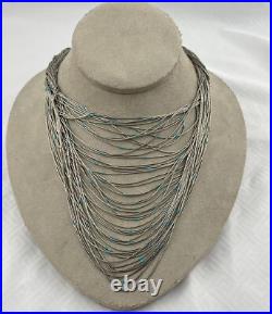 Vintage Signed Native American 60 Strand Heishi Liquid Silver Sterling Necklace