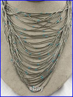 Vintage Signed Native American 60 Strand Heishi Liquid Silver Sterling Necklace