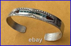 Vintage Signed Native American Handcrafted Stamped Gem Arrow Inlay Cuff Bracelet