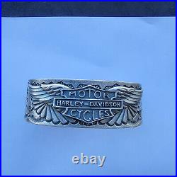 Vintage Signed Native American Sterling Silver Harley Davidson Stamped Bracelet