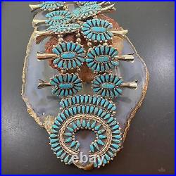 Vintage Signed Native American Sterling Silver Turquoise Cluster Squash Blossom