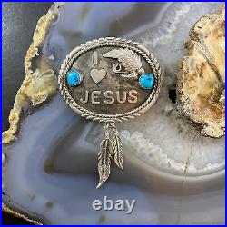 Vintage Signed Native American Sterling Silver Turquoise I Love Jesus Brooch