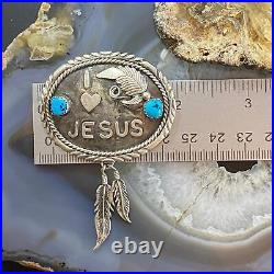 Vintage Signed Native American Sterling Silver Turquoise I Love Jesus Brooch