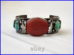 Vintage Signed SC Nastacio Native American Sterling Red Coral & Turquoise Cuff