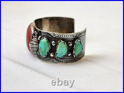 Vintage Signed SC Nastacio Native American Sterling Red Coral & Turquoise Cuff
