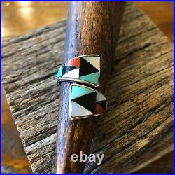 Vintage Signed Zuni Native American Sterling Silver Multi Stone Wrap Ring Size 9