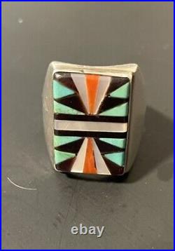 Vintage Signed Zuni Turquoise Coral Onyx MOP Inlay Sterling Mens Ring Size 12