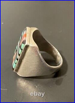 Vintage Signed Zuni Turquoise Coral Onyx MOP Inlay Sterling Mens Ring Size 12