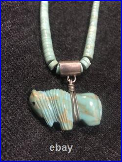 Vintage Silver Navajo Graduated Turquoise Heishi Discs Bison 19 Necklace 31g