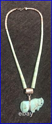 Vintage Silver Navajo Graduated Turquoise Heishi Discs Bison 19 Necklace 31g