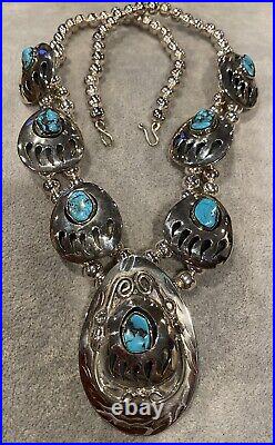 Vintage Silver Turquoise Squash Blossom Necklace