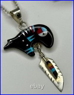 Vintage Sonny Spruce Native American Turquoise Inlay SterlingSilver Bear Pendant