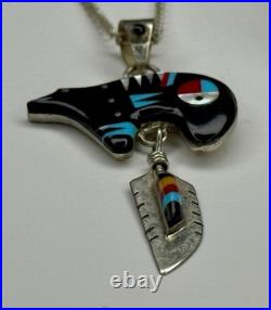 Vintage Sonny Spruce Native American Turquoise Inlay SterlingSilver Bear Pendant