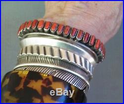 Vintage Southwestern NA Sterling Silver 35 Coral Row Cuff Bangle Bracelet
