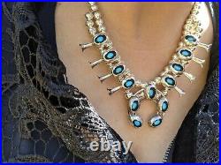 Vintage Squash Blossom Necklace Earrings Set Turquoise Signed Navajo Jewelry