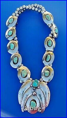 Vintage Squash Blossom Royston Turquoise Shadowbox Coin Silver Necklace 181.9 Gr