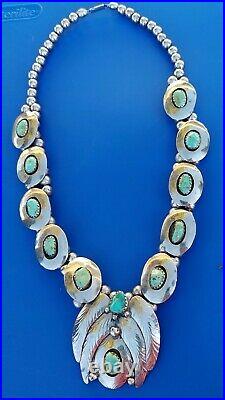 Vintage Squash Blossom Royston Turquoise Shadowbox Coin Silver Necklace 181.9 Gr