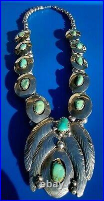 Vintage Squash Blossom Royston Turquoise Shadowbox Coin Silver Necklace 181.9 Gr