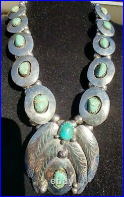 Vintage Squash Blossom Royston Turquoise Shadowbox Coin Silver Necklace 181.9 Gr