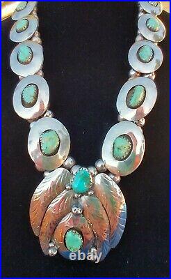 Vintage Squash Blossom Royston Turquoise Shadowbox Coin Silver Necklace 181.9 Gr