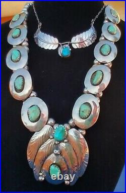 Vintage Squash Blossom Royston Turquoise Shadowbox Coin Silver Necklace 181.9 Gr