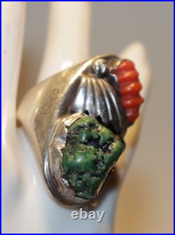 Vintage Sterling Native American Green Turquoise/Coral Ring Size 12 43.53 Grams