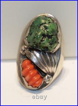 Vintage Sterling Native American Green Turquoise/Coral Ring Size 12 43.53 Grams