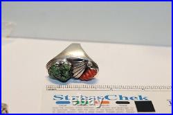 Vintage Sterling Native American Green Turquoise/Coral Ring Size 12 43.53 Grams