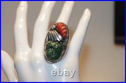 Vintage Sterling Native American Green Turquoise/Coral Ring Size 12 43.53 Grams