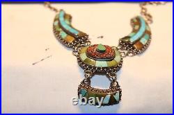 Vintage Sterling Native American Necklace Inlaid Stones 123.47 Grams 20