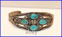 Vintage Sterling Native American Turquoise Bracelet Etched Sides