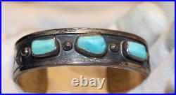 Vintage Sterling Native American Turquoise Cuff Bracelet Etched Sides 49.68 Gram