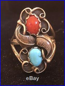 Vintage Sterling Signed Native American Coral Turquoise Ring & Bracelet Bangle