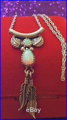 Vintage Sterling Silver 2 Fire Opal Native American Necklace Southwestern