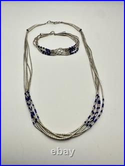 Vintage Sterling Silver 5 Strand Lapis Liquid Silver Necklace & Bracelet