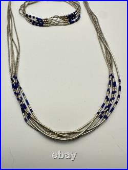 Vintage Sterling Silver 5 Strand Lapis Liquid Silver Necklace & Bracelet