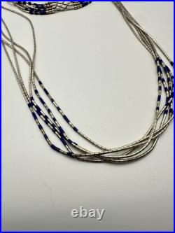 Vintage Sterling Silver 5 Strand Lapis Liquid Silver Necklace & Bracelet