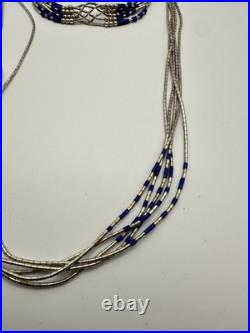 Vintage Sterling Silver 5 Strand Lapis Liquid Silver Necklace & Bracelet