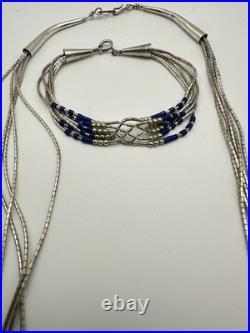 Vintage Sterling Silver 5 Strand Lapis Liquid Silver Necklace & Bracelet