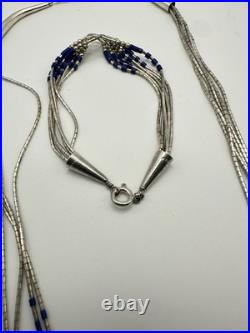 Vintage Sterling Silver 5 Strand Lapis Liquid Silver Necklace & Bracelet