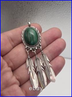 Vintage Sterling Silver 925 Native American Feathers Malachite Pendant For