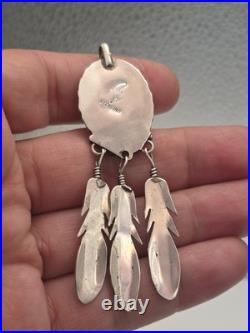 Vintage Sterling Silver 925 Native American Feathers Malachite Pendant For