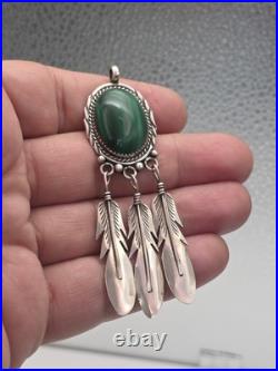 Vintage Sterling Silver 925 Native American Feathers Malachite Pendant For