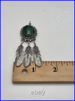 Vintage Sterling Silver 925 Native American Feathers Malachite Pendant For