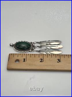 Vintage Sterling Silver 925 Native American Feathers Malachite Pendant For